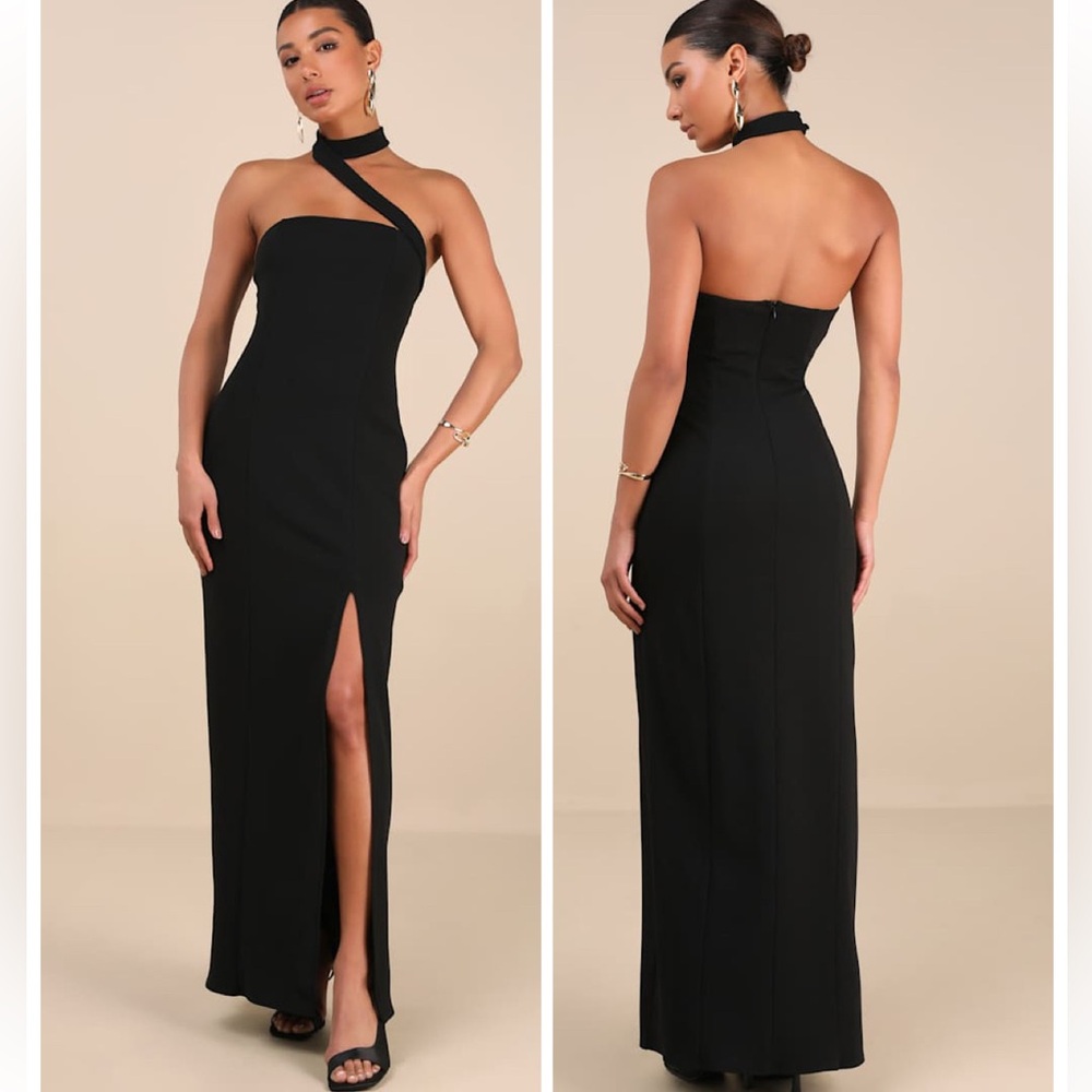 Lulu's Black Asymmetric Neck Maxi Dress with Thigh Slit